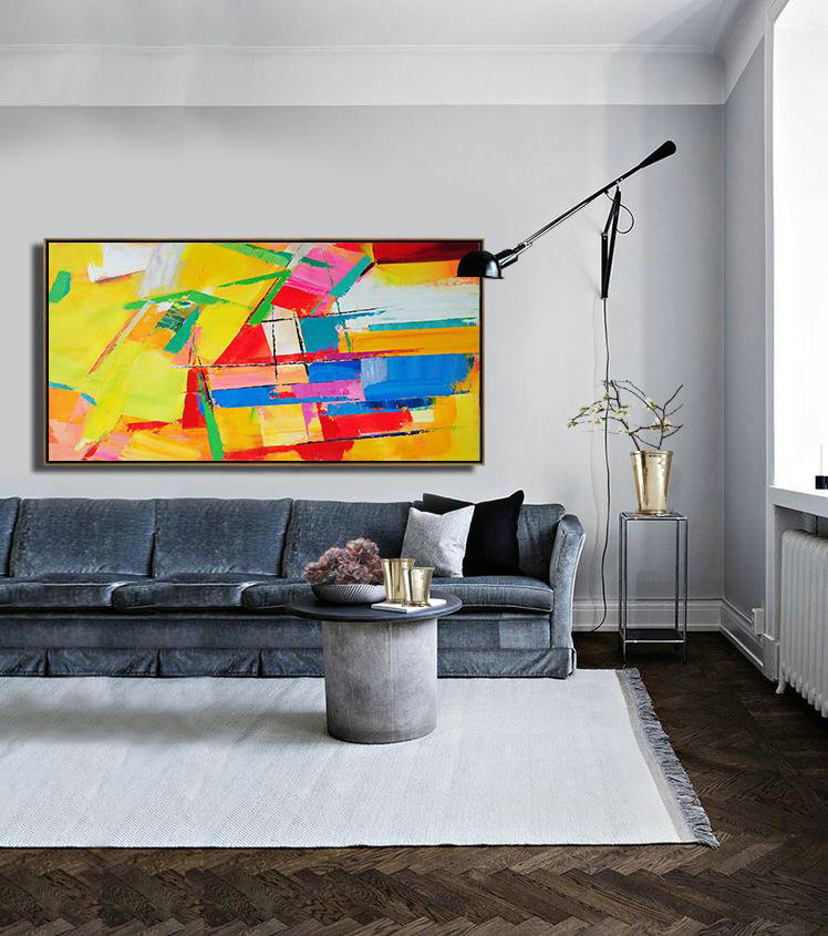 Large Modern Abstract Painting,Horizontal Palette Knife Contemporary Art Panoramic Canvas Painting,Acrylic Minimailist Painting,Yellow,Red,White,Blue.etc